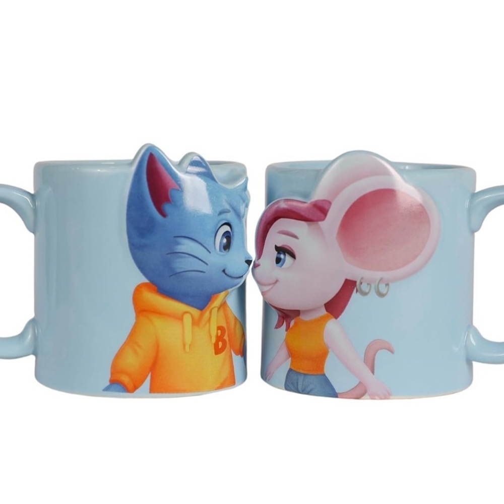 Bingo Blitz Blitzy & Moxie Ceramic Couples Coffee Mugs blue cartoon mouse Set 2